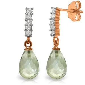 14K Solid Rose Gold Diamond & Green Amethyst Gemstone Earrings