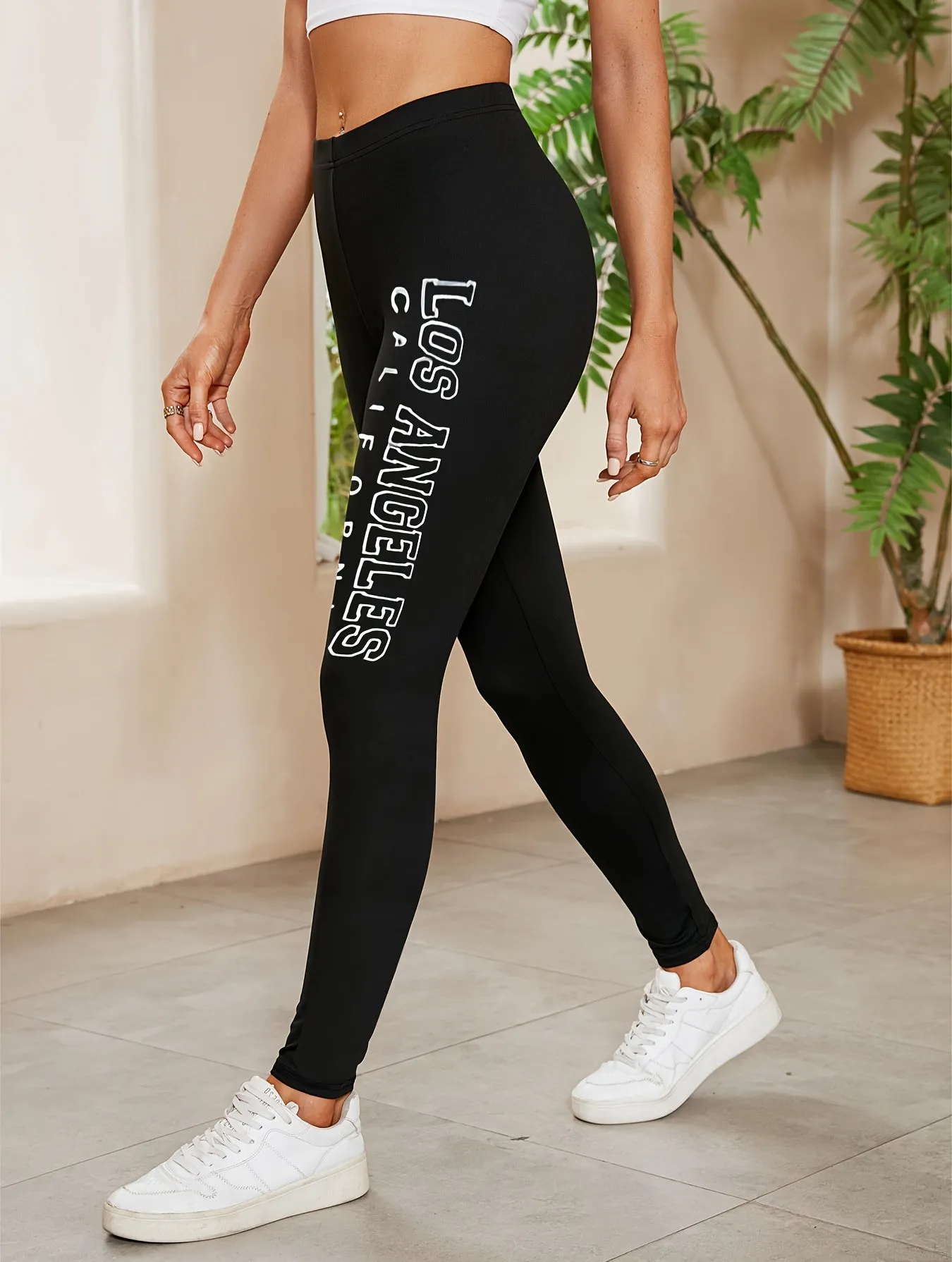 Chic LA Letter Print Skinny Leggings for Womens Urban Style