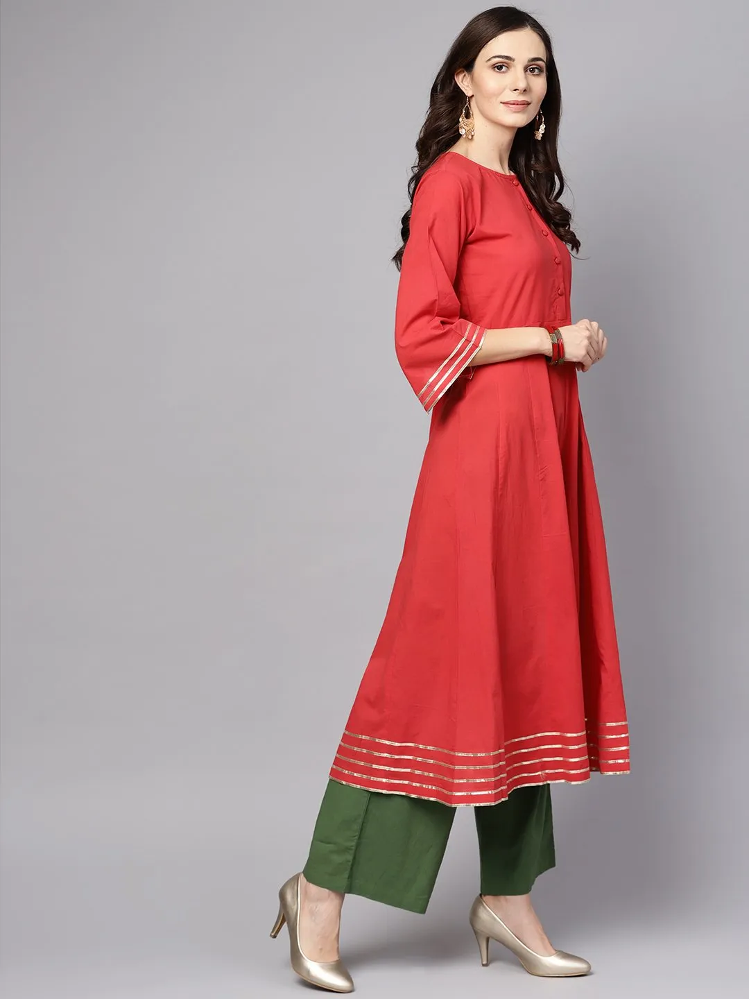 Coral Pink 3/4Th Sleeve A-Line Cotton Kurta With Palazzo