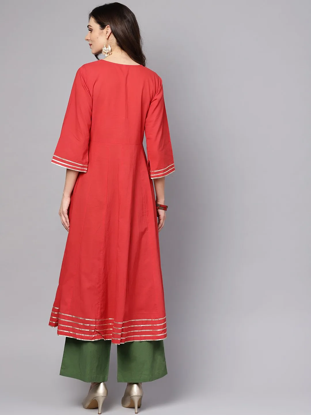 Coral Pink 3/4Th Sleeve A-Line Cotton Kurta With Palazzo