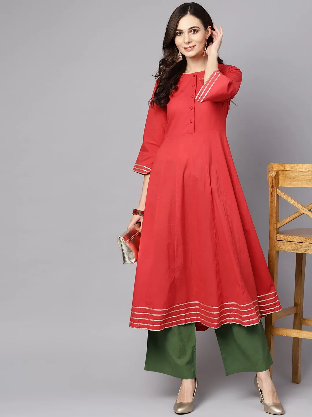 Coral Pink 3/4Th Sleeve A-Line Cotton Kurta With Palazzo