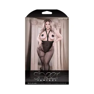 Fantasy Sheer Truth or Dare Rose-Designed Queen Size Suspender Stockings & Rose Pasties Set in Black