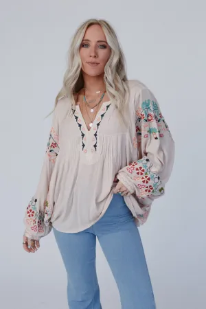 Frida Embroidered Dolman Sleeve Top - Taupe