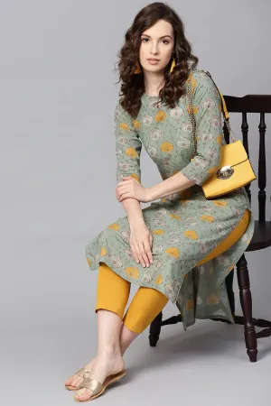 Green & Mustard Yellow Printed Straight Kurta