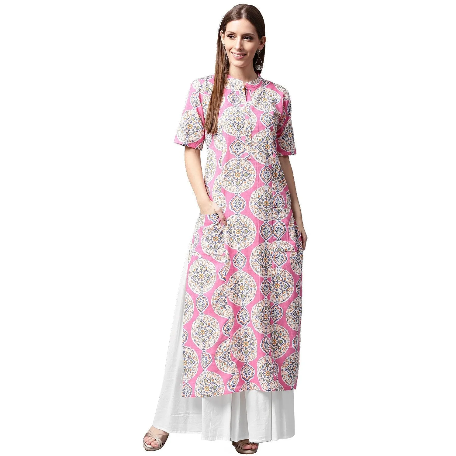 Pink Printed Half Sleeve Cotton A-Line Kurta With White Skirt