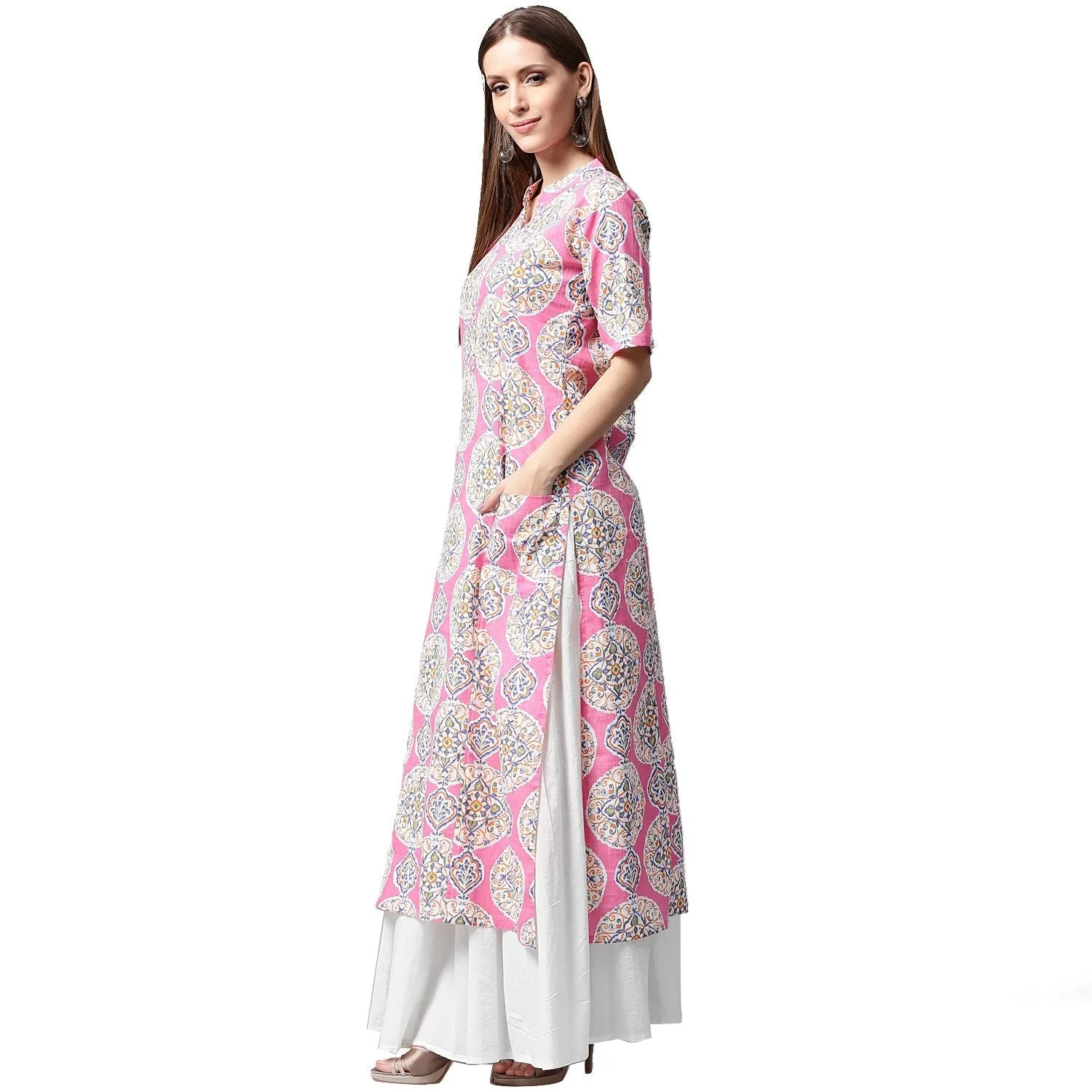 Pink Printed Half Sleeve Cotton A-Line Kurta With White Skirt