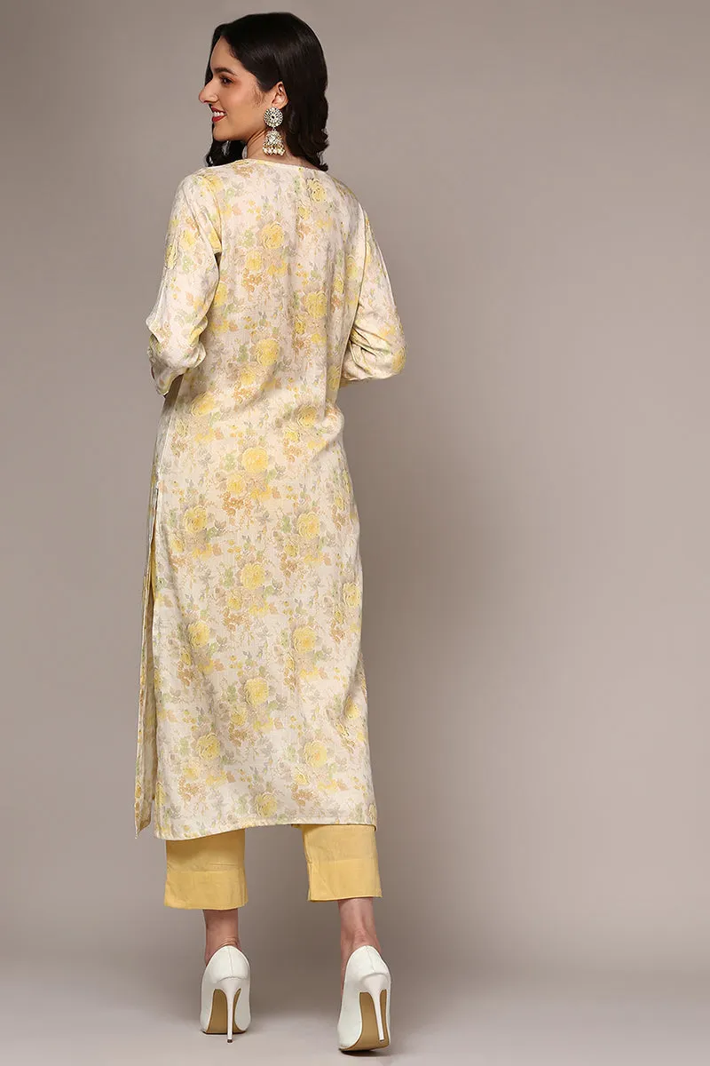 Plus Size Off White Cotton Blend Floral Printed Straight Kurta