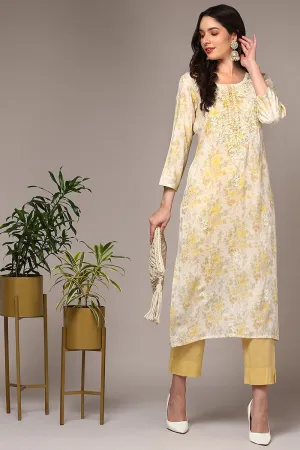 Plus Size Off White Cotton Blend Floral Printed Straight Kurta