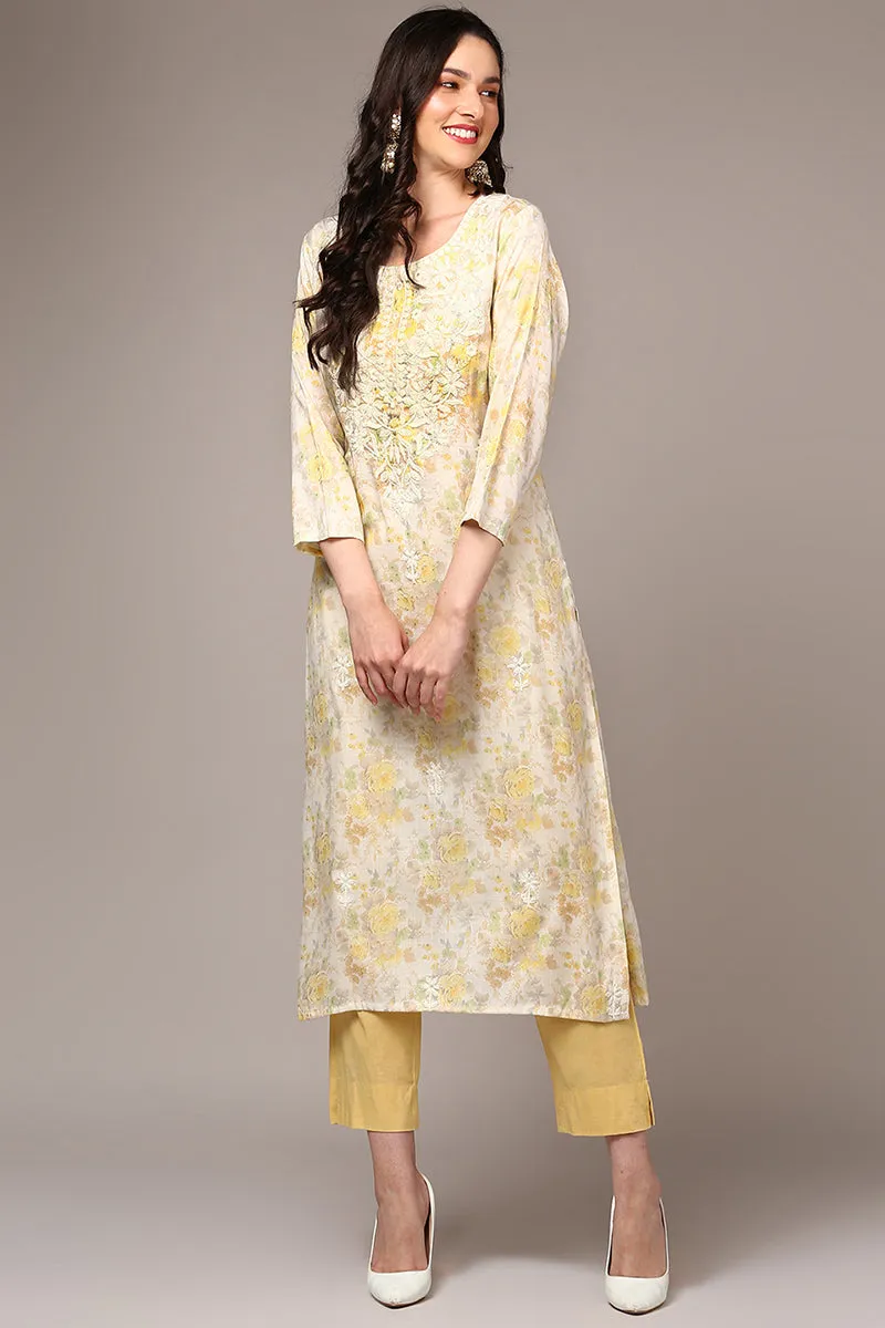 Plus Size Off White Cotton Blend Floral Printed Straight Kurta