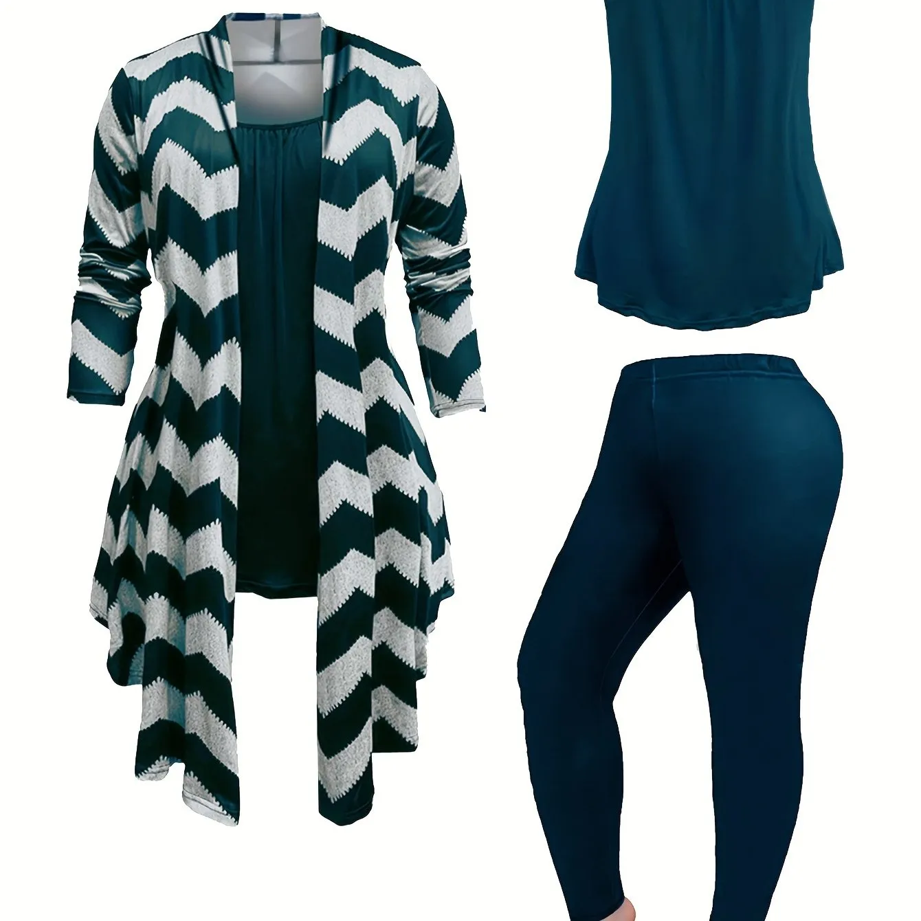 Plus Size Three-Piece Set - Shawl Collar Coat, Cami Top & Leggings for Effortlessly Stylish Women