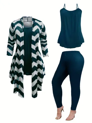 Plus Size Three-Piece Set - Shawl Collar Coat, Cami Top & Leggings for Effortlessly Stylish Women