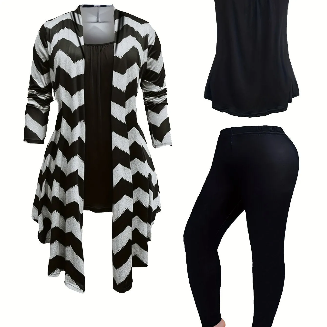 Plus Size Three-Piece Set - Shawl Collar Coat, Cami Top & Leggings for Effortlessly Stylish Women