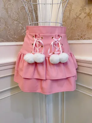 Sweetheart Princess Furball Ruffled PU Leather Pink White Black High Waist Mini Skirt