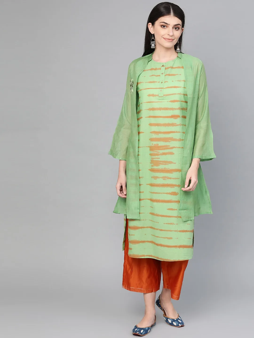 Women Green & Brown Straight Kurta