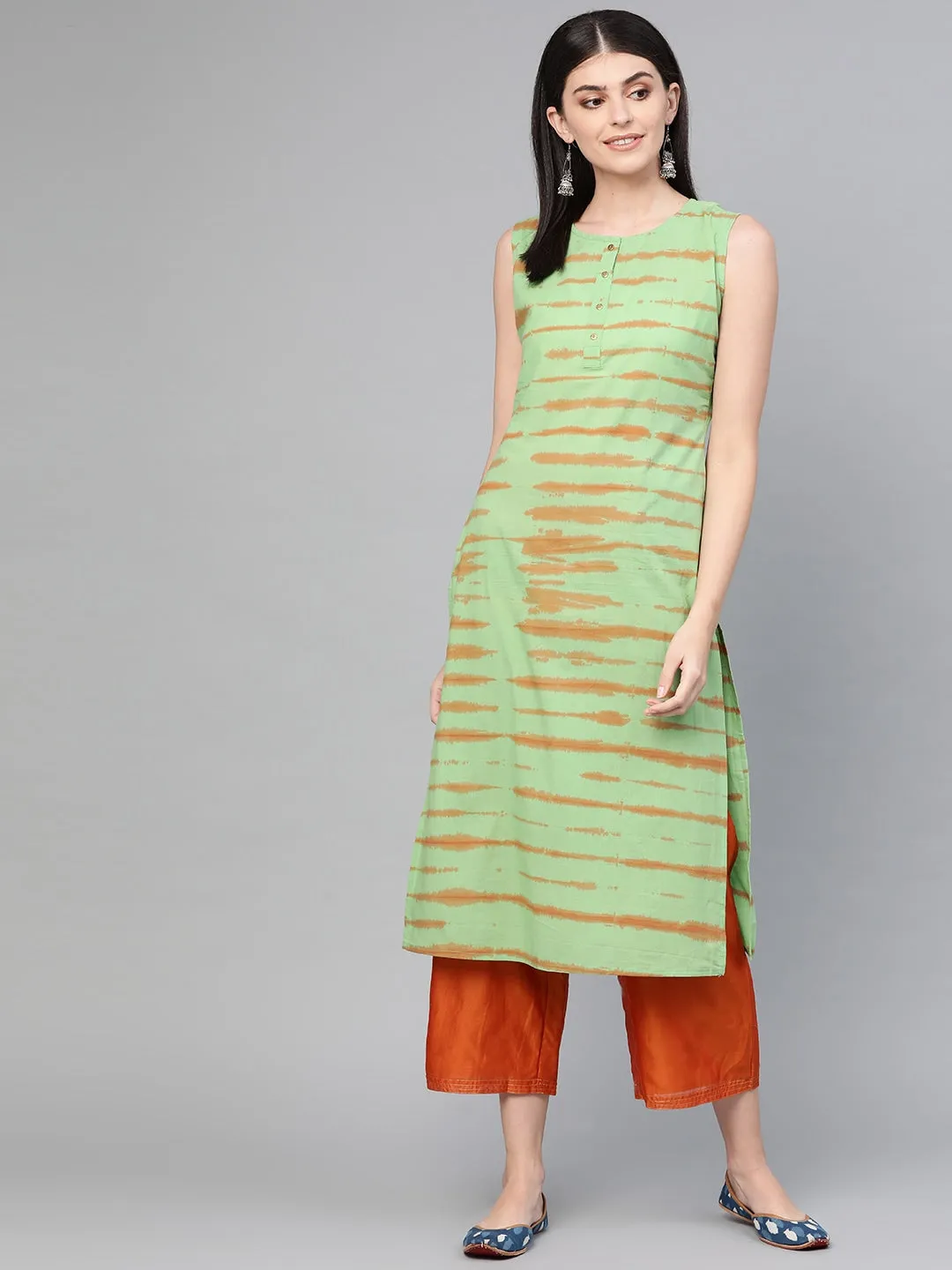 Women Green & Brown Straight Kurta