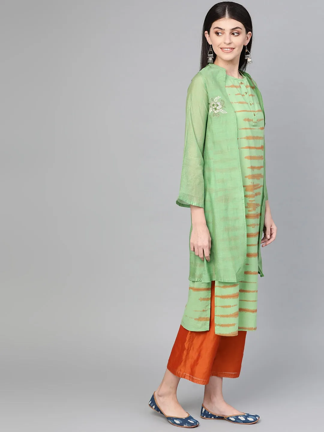 Women Green & Brown Straight Kurta