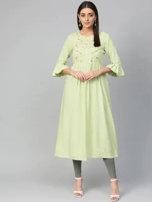 Women Green & Golden Yoke Design A-Line Kurta