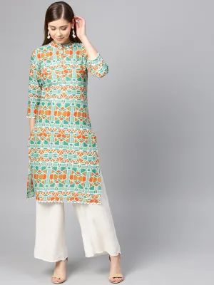 Women Green & Orange Straight Kurta