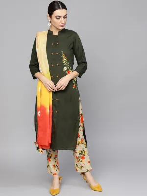 Women Green Dupatta Printed Set