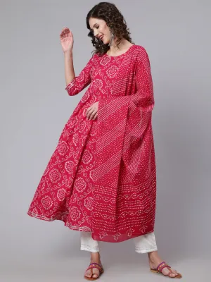 Women Pink Bandhini Printed Flared Kurta With Trouser With Dupatta