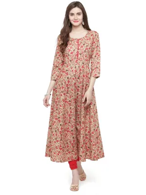 Women Red & Beige Printed A-Line Kurta