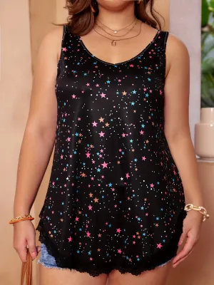 Womens Plus Size Star Print Lace Trim Tank Top